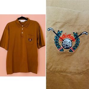 Like-new vintage 80s Adidas camel/tan polo with embroidered golf appliqué
